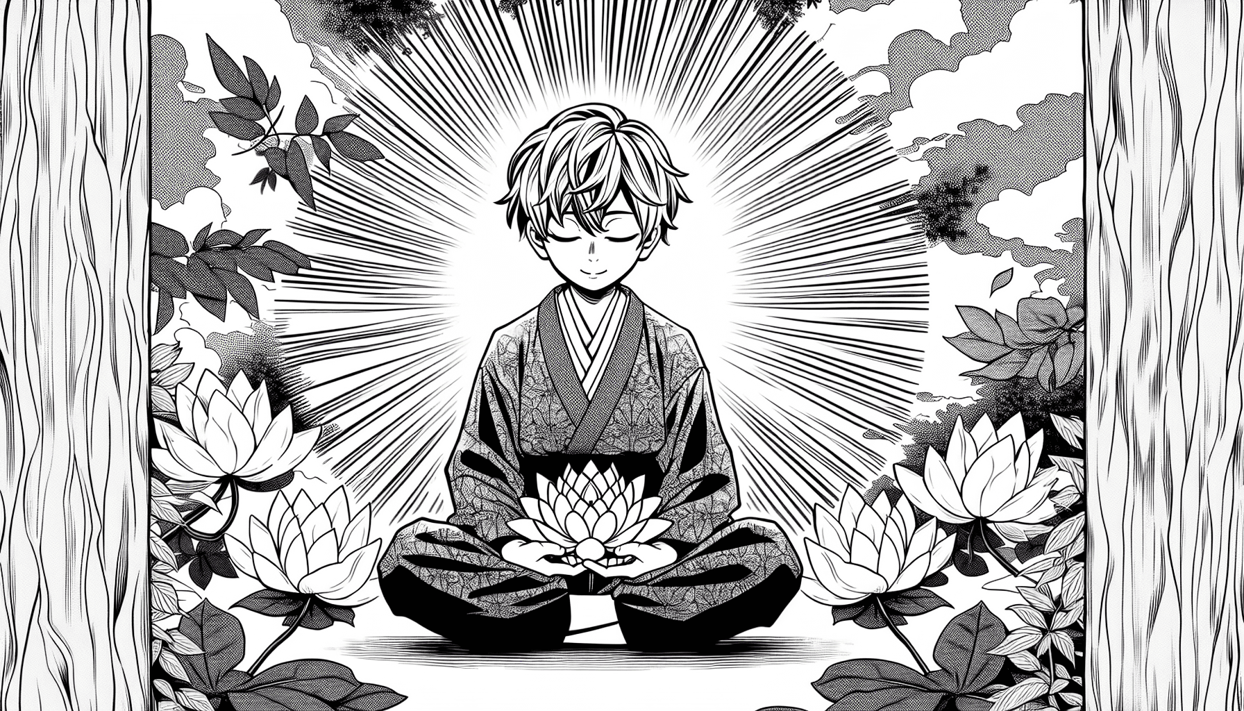 The kid sitting and meditating at the mystic desk